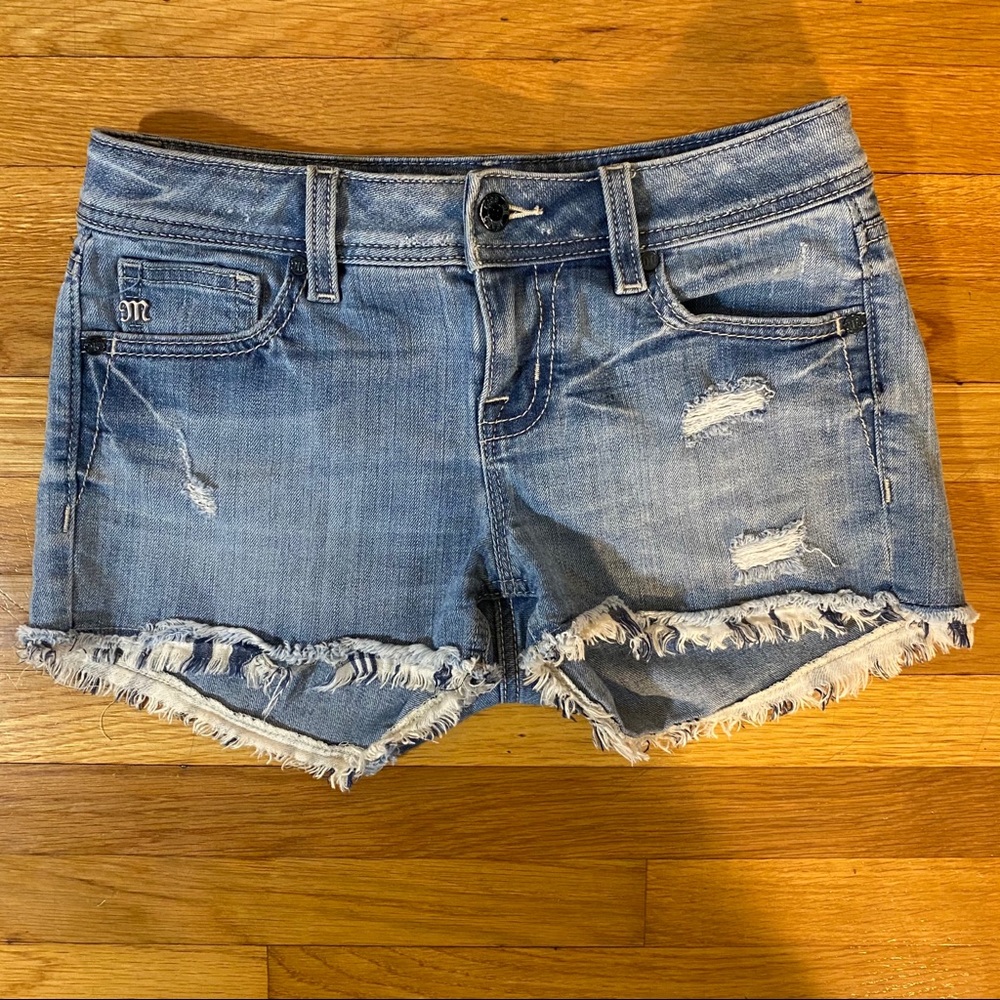 Miss Me Blue Distressed Jean Shorts with Frayed Hem